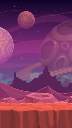 an alien landscape with mountains and planets in the background