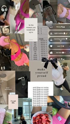 a collage of photos with various items and words on them, including an image of a woman in pink