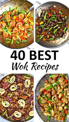 four pictures showing the different types of wok recipes in various pans with text overlay