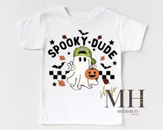 Retro Spooky Dude Ghost Shirt, Boy Halloween T-shirt, Kids Halloween Shirt, Trick Or Treat, Boys Kids Toddler Halloween Tee, Gift for Kids Design is machine printed onto the shirt. The design is soft to touch. Shirts use to print are Premium quality brand. See picture for measurements & details. Kids Unisex T-Shirt/Long sleeve & Baby Bodysuit size 3-6M & above -4.2 oz., 100 % combed and ring spun cotton.  Light weight and soft. Baby body suits -Newborn & 0-3M is organic 100% cotton rib fabric & Halloween Shirts For Boys, Halloween Shirts Kids, Toddler Halloween, Halloween Boys, Ghost Shirt, Halloween Tees, Halloween Tshirts, Kids Boys, Halloween Kids