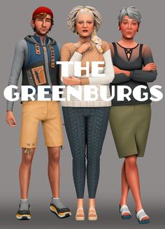 three people standing next to each other with the words the greenburgs over them