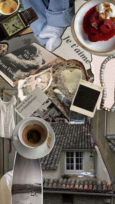 a collage of photos with food and drink on it including coffee, books, magazines