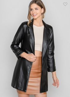 Pleather blazer with rolled cuffs. 94% Polyester, 6% Spandex Faux Leather Blazer, Leather Blazer Jacket, Classic Blazer, Womens Blazers, Oversized Blazer, Leather Blazer, Notched Collar, Romper With Skirt, Black Blazers