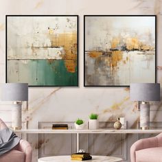 two paintings hang on the wall above a coffee table in a living room with pink chairs