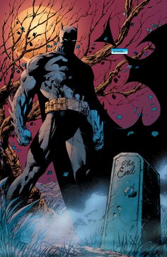 a batman standing in front of a grave with the moon behind him and trees on either side