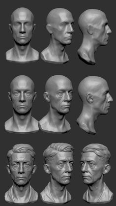 the head and shoulders of an adult male in various poses, with different facial expressions