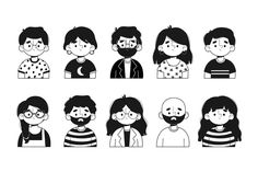 people with different facial expressions are depicted in this black and white illustration, which is part of a series of illustrations