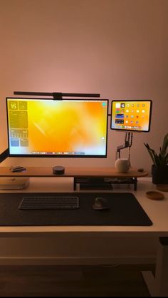 two computer monitors sitting on top of a desk next to a keyboard, mouse and potted plant