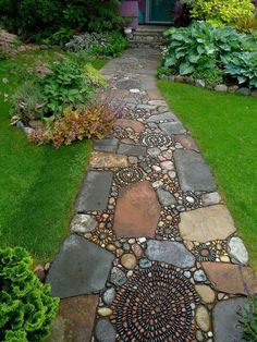 an image of a garden path made out of rocks and stones, with the words search on