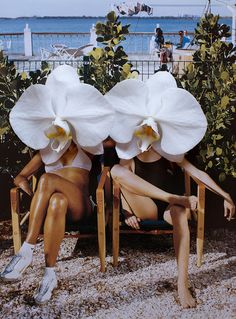 two women sitting in chairs with large flowers on their heads and legs, both wearing matching swimsuits