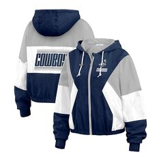 Officially Licensed NFL Wear Color Block Windbreaker Jacket Showcase your team style with this color block zip windbreaker from WEAR by Erin Andrews. Contrasting colors and woven patches make this the perfect gameday look. Cowboy Jacket, Erin Andrews, Gameday Couture, Quarter Zip Jacket, Women's Wear, Women Hoodies Sweatshirts, Football Fans, Navy Color, Full Zip Hoodie