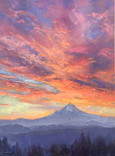 an oil painting of a sunset with mountains in the background