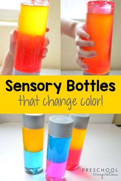 three glasses filled with different colored liquids and the words, sensory bottles that change color