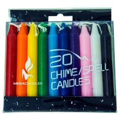 six different colored crayons are in a package with the words 20 chime spell candles