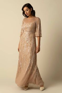 Beige gown embroidered with beads and sequin in linear pattern. - Aza Fashions Beige Gown, Gown For Women, Gown Pattern, Linear Pattern, Beaded Neckline, Ladies Gown, Aza Fashion, Types Of Sleeves, Sequin