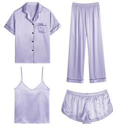 PRICES MAY VARY. 【Premium Material】--- This 4 piece pajama set is made of high-quality satin(95% Polyester, 5% Spandex), which is very soft, lightweight, and comfortable. This lightweight pajama set has a silky texture that will make you feel smooth and shiny, never pilling or fading, and help you sleep well, dreamlike. 【4Pcs Pajama Set】--- Women 4 pcs pjs sets include spaghetti strap cami top, a button-down short sleeve sleepshirt, a pair of shorts, a pair of long pants. This four-piece sets fo Cheap Bottoms With Pockets For Pajama Party, Cheap Shorts With Elastic Waistband For Pajama Party, Silk Pajama Set Bridesmaids, Silk Pjs Amazon, Maternity Pajama Set, Nursing Pajama Set, Bridal Sleepwear, Satin Pjs, Satin Pyjama