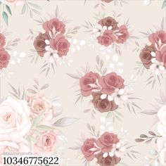 a floral wallpaper with pink roses and white flowers on a beige background that is seamless