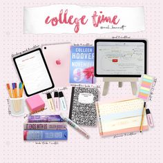 the collage shows various items that include books, notebooks, pens and pencils