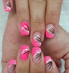 Pink, white, silver, and black nails Nail Designs Hot Pink, Pedicure Designs, Her Nails, White Nail Designs, Black Nail Designs, Short Nail, Super Nails, Pink Nail Designs