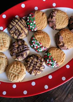 some cookies are on a red and white plate