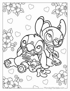 an animal coloring page with hearts and flowers