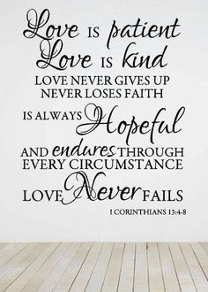 a wall decal with the words love is patient love is kind and never gives up never