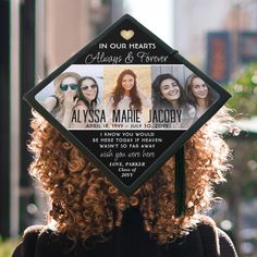 a woman with curly hair wearing a graduation cap that reads, this one is for you in loving memory of