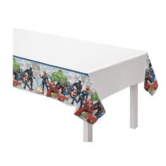 the avengers tablecloth is on top of a white table