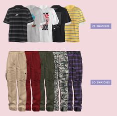 six different styles of men's sweatpants and t - shirts with the same price tag