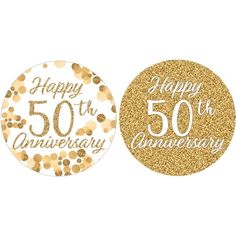 happy 50th anniversary cake topper with gold confetti and white lettering on it