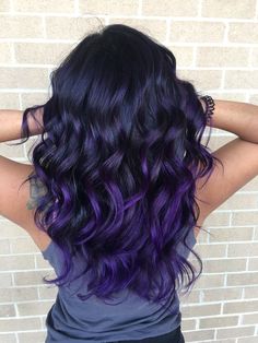 Purple Balayage On Dark Hair, Purple Balayage On Black Hair, Black With Purple Balayage, Purple Ombre Hair Color For Brunettes, Ombre Hair Color Purple, Dark Brown With Purple Balayage, Black To Purple Balayage, Purple Balayage Black Hair, Purple Bolyoge Hair