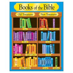 a book shelf filled with books and the words, books of the bible on it