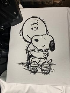 a black and white drawing of a cartoon character sitting on top of a chair with wheels