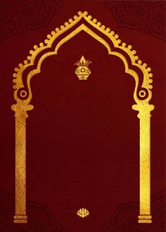 a red and gold background with an arch