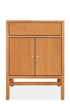 a wooden cabinet with two doors on one side and an open drawer on the other