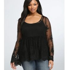 Torrid Black Mesh Embroidered Babydoll Blouse Top Size 2xl Nwt Condition: New With Tags Features: - Long Sleeves - See-Through With Floral Embroidery Detail - Swingy Fit / Babydoll Style - Scalloped Sleeves And Bottom Hem - Elastic Under The Bust Approximate Measurements While Flat: Pit To Pit: 22.5" Length: 28.5" Sleeves: 26" Base: 100% Nylon Embroidery: 100% Cotton Caught In A Bad Romance, Georgette Tunics, Scalloped Sleeves, Floral Babydoll Top, Babydoll Blouse, Black Mesh Top, Bad Romance, Mesh Blouse, Babydoll Style