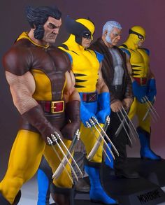 the wolverine action figures are lined up together