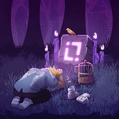 a person kneeling down in the grass near a bird cage with a clock on it