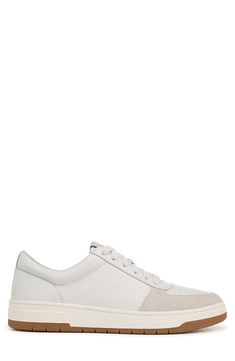 A contrast bumper sole pops on the heel of this charmingly understated sneaker crafted from soft calfskin leather with a durable, flexible rubber sole. Lace-up style Leather upper and lining/rubber sole Imported Modern Sneakers With Medium Fit And White Sole, Sporty High-top Platform Sneakers With Leather Sole, Modern Calf Leather Platform Sneakers With Rubber Sole, Sporty Low-top Platform Sneakers With Leather Sole, Casual White Platform Sneakers With Leather Sole, Modern Leather Low-top Sneakers, Modern Low-top Leather Sneakers, Sporty Platform Sneakers With Contrast Sole In Calf Leather, Calf Leather Platform Sneakers With Textured Sole