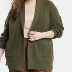 Women's Open Layering Cardigan Perfect For Any Occasion. Size M. Olive Green Cozy Green Cardigan For Work, Thick Knit Cardigan, Layering Cardigan, Olive Green Cardigan, Pink Cardigan Sweater, Burgundy Cardigan, Orange Cardigan, Black Knit Cardigan, Basic Cardigan