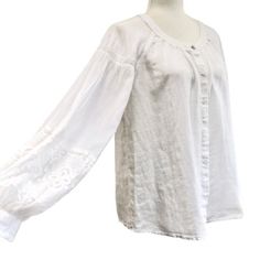 Beautiful White Linen Embroidered Peasant Boho Blouse By 120% Lino. Features: - 100% White Linen - Raglan Sleeve - Embellished Embroidered Puff Long Sleeves - Hidden Button Front Closure - Mother Of Pearl Buttons - Buttoned Cuffs Approx. Flat Measurements: 24" Long X 20" Pit To Pit X 22" Across Hem Women's Size 42 Or M Nwot. New Without Tag. Like New Condition. White Peasant Top, White Linen Blouse, Peasant Shirt, Puff Long Sleeves, Boho Blouse, Linen Blouse, Long Puff Sleeves, Peasant Top, Boho Blouses