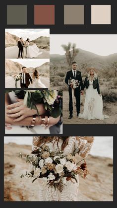 a couple holding hands in the desert with their wedding colors and bouquets on them