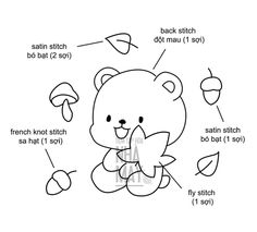 the instructions for how to draw a teddy bear with leaves and acorns on it