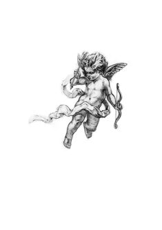 a pencil drawing of an angel with a bow and arrow in his hand, on a white background