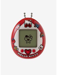 an alarm clock with hello kitty on the front and back side, is shown in red