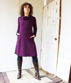 One of my new favorite designs this dress is a must have for fall and winter (or summer in Michigan). Made from a buttery soft soy and organic cotton french terry, this fabric is thick and warm like your favorite sweatshirt and feels so great on. Nice deep side cargo pockets will hold all your essentials and keep your hands toasty and warm. Looks great on its own, over leggings and boots, and the cowl neckline adds a nice touch under winter coats. Pictured in Grape (Sold out). COLORS: Dark Choco Modest Cotton Dresses For Fall, Relaxed Fit Cotton Dress For Winter, Stretch Cotton Dresses For Fall, Fitted Dresses For Everyday Fall Wear, Fitted Everyday Dress For Fall, Everyday Fitted Dresses For Fall, Everyday Fitted Fall Dresses, Organic Fabric, Dress Images