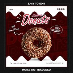 a donut with nuts on it is in front of a red and white background