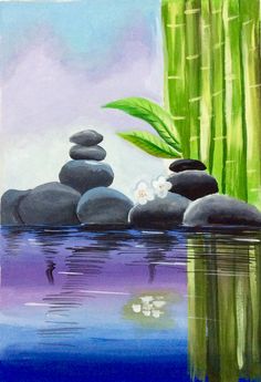 a painting of rocks and bamboo in the water