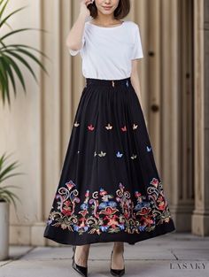 Lasaky - Exquisite Embroidered A-Line Skirt with High Waist, Cotton and Linen Blend Fabric Navy Blue Skirt, Skirts Midi High Waisted, Red Skirts, Blue Skirt, Green Skirt, Types Of Skirts, Black Skirt, Line Design, A Line Skirt