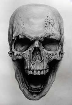 a pencil drawing of a skull with its mouth open and eyes closed, showing teeth